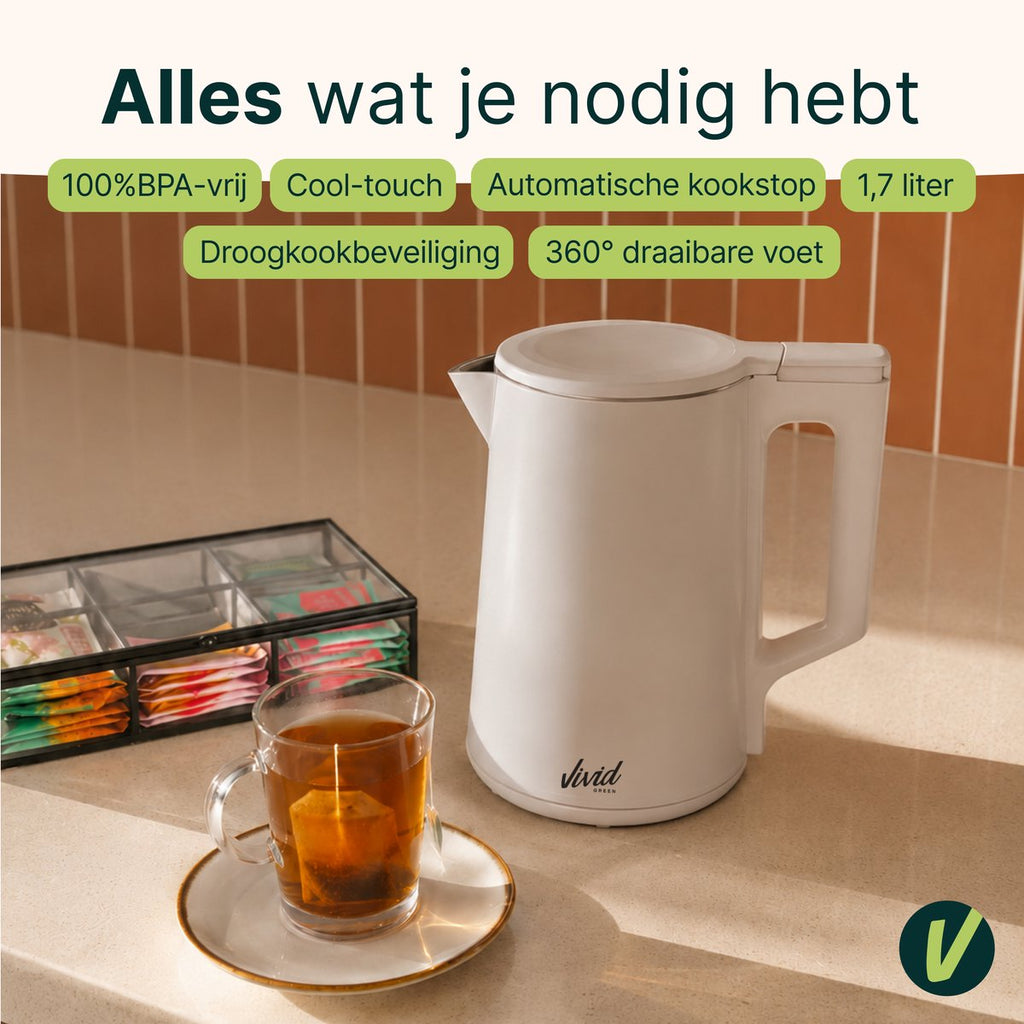 Vivid Green 2200W Waterkoker - 1.7L - BPA-vrij - 360° - Elektrisch - RVS - Creme
