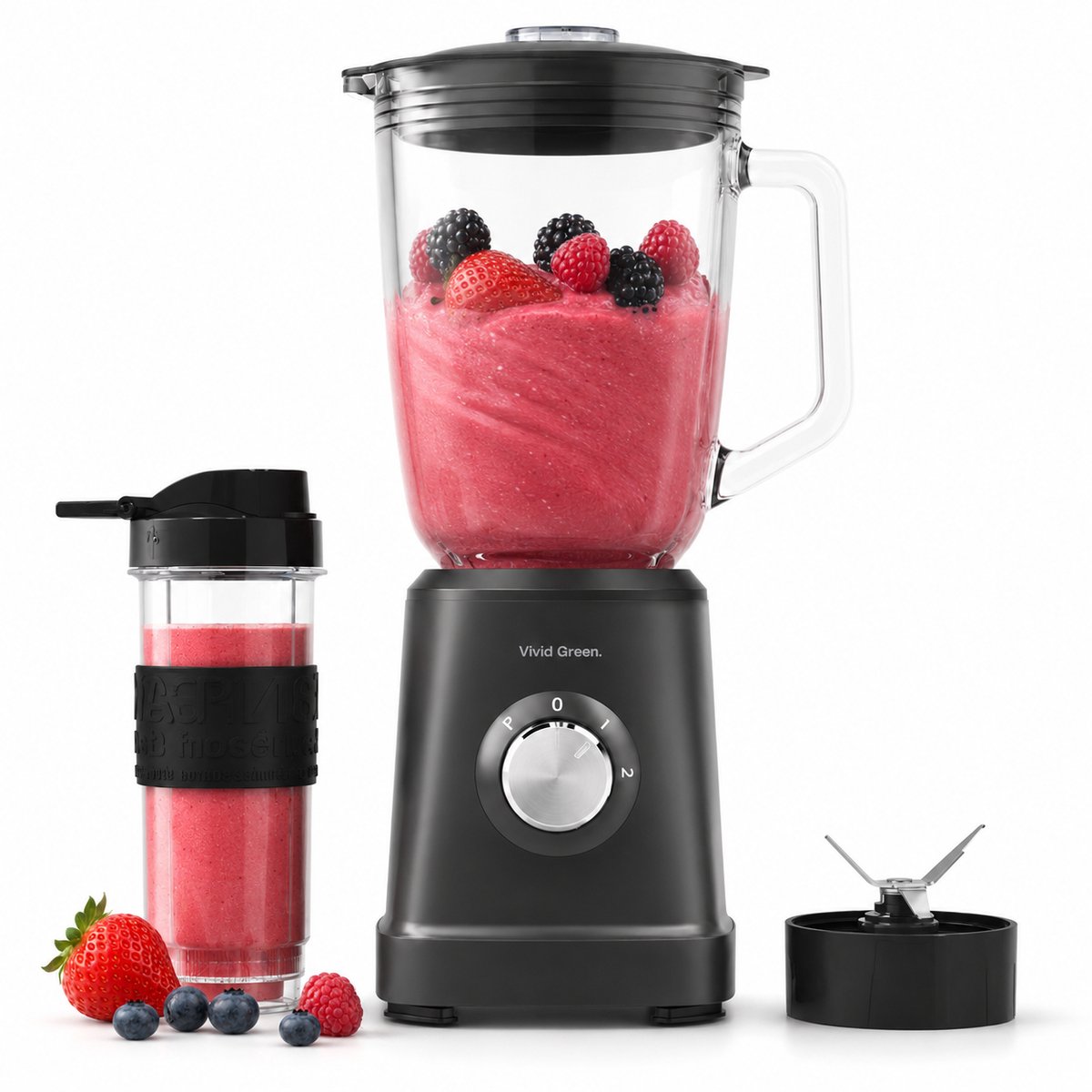 Blender 1000W - 1.5L - Smoothie Maker - Inclusief beker to go 570ml - Glas - Zwart - Vivid Green