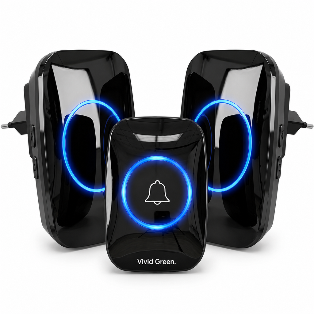 Draadloze Deurbel - Draadloos - Deur Bel - Deurbellen - Wireless doorbell - IP44 Waterdicht - Met 2 ontvangers - Zwart - Vivid Green