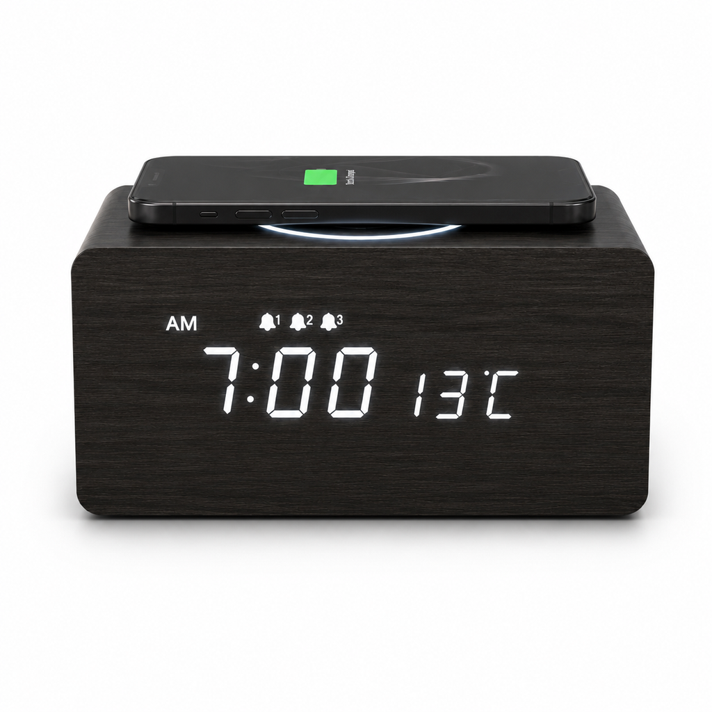 Vivid Green Houten Digitale Wekker met Draadloos Opladen - Wekkers Digitaal - Thermometer Functie - Alarm - QI Wireless Charger