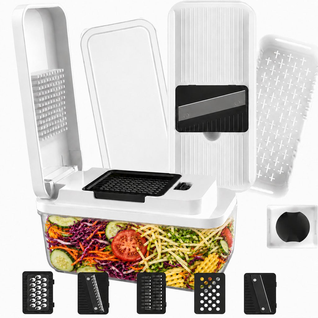 Groentesnijder Multifunctioneel & Mandoline Keukensnijder - 13-delig - Uienhakker Met Opvangbak 1,3L - Inclusief Bewaardeksel - Wit - Vivid Green