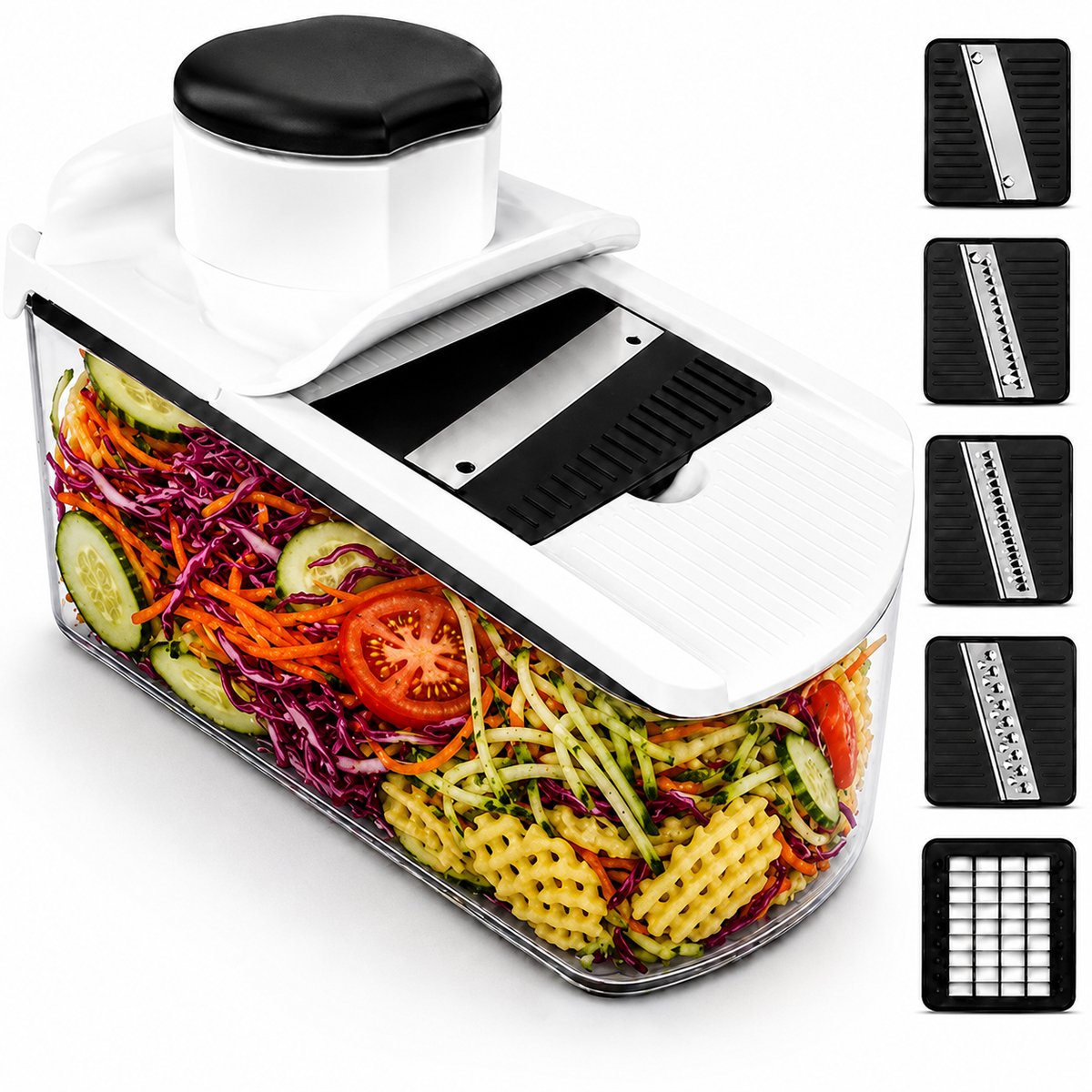 Mandoline Keukensnijder & Groentesnijder - Multifunctioneel 6-in-1 - Met Opvangbak 1,7L - RVS Messen & Veiligheidshouder - Wit - Vivid Green