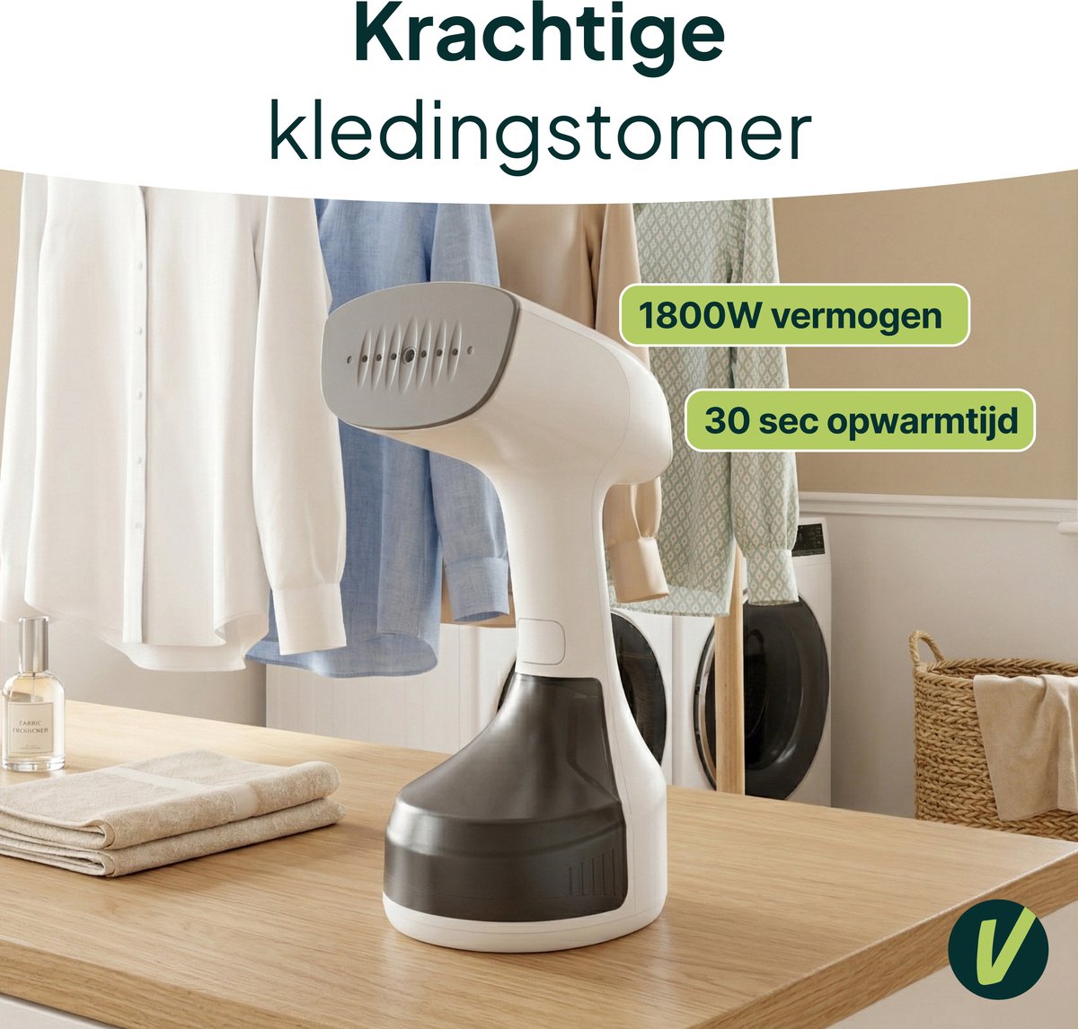 Kledingstomer - Krachtige Handstomer 1800W - Stoomapparaat Kleding - Steamer - Wit - Vivid Green