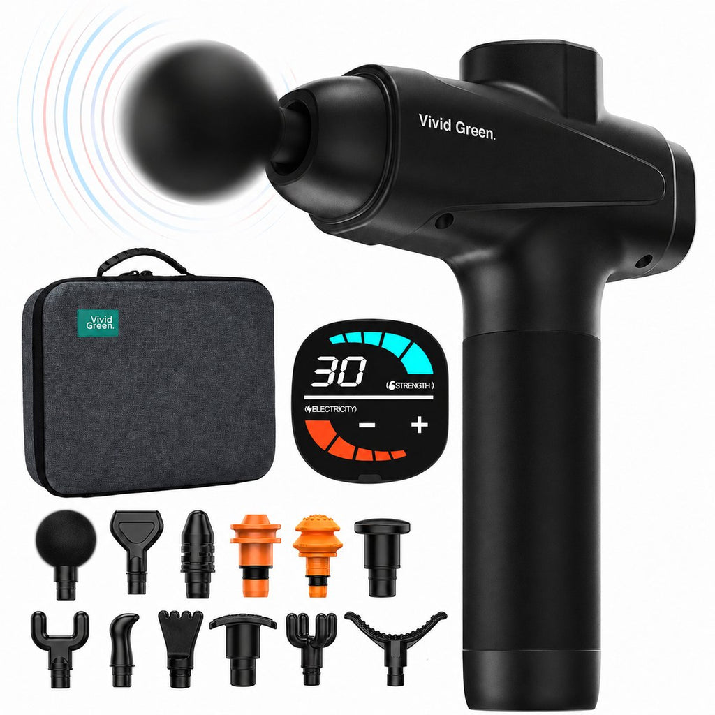 Vivid Green - Pro Massage Gun 12 Accessoires - Apparaat - Sport en Relax Massage - Draadloos � Professioneel - 12 mm - 2500 mAh � Zwart